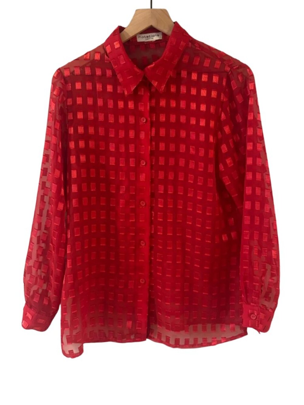 80s Vintage Sheer Metallic Red Checkered Button-Up Blouse - Notations Petite